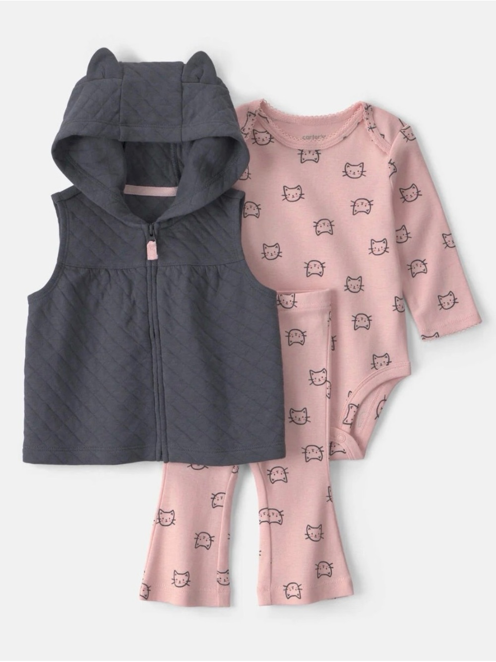 Carter's Pink Cat Print Bodysuit & Pants with Charcoal Quilted Hooded Vest